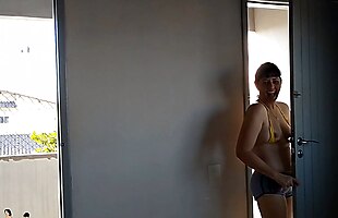 My wife answer delivery guys wearing micro biquini she shows her nipples at the balcony for their