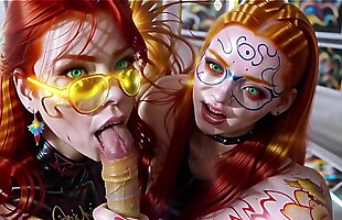Strange double blowjob by two ginger ai twins dolls
